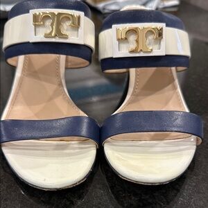 Tory Burch Blue and White Sandals with Gold Accents